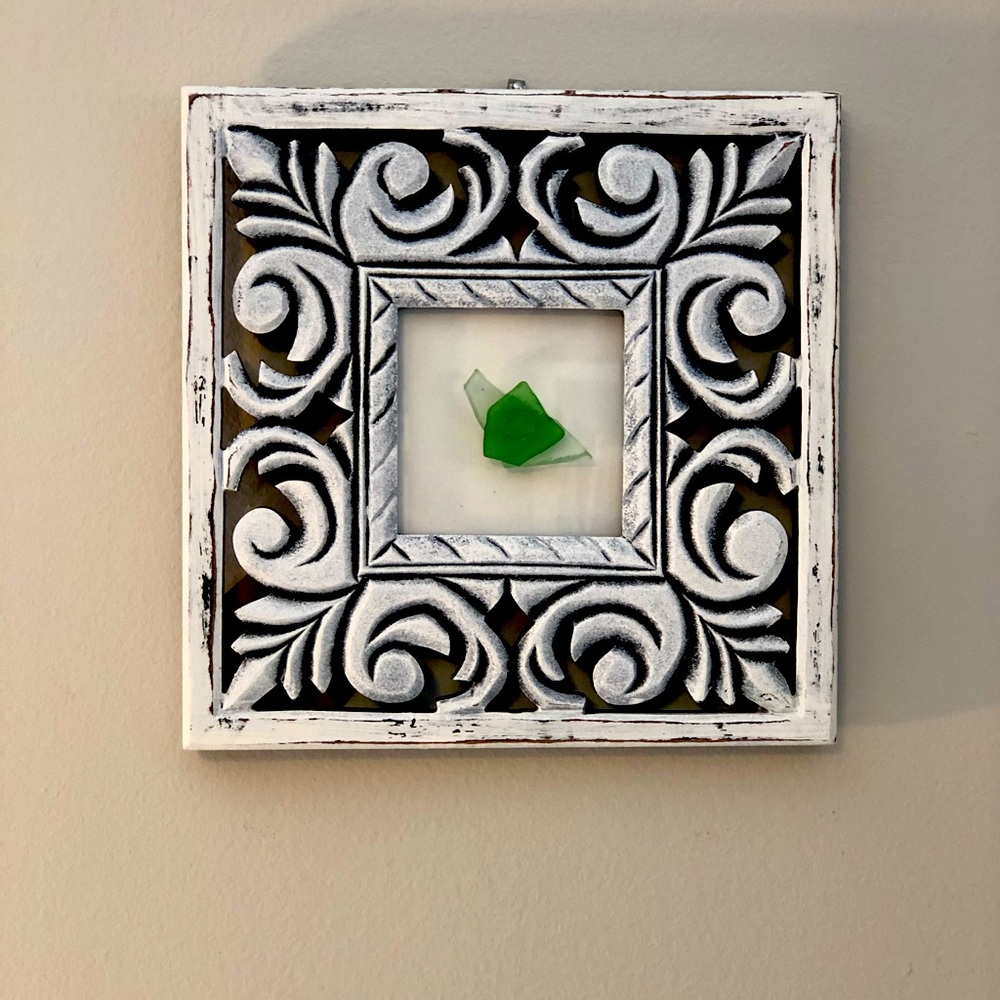 SeaGlass Art, framed in a one of a kind Carved wooden frame. 7.5 x 7.5 x 1